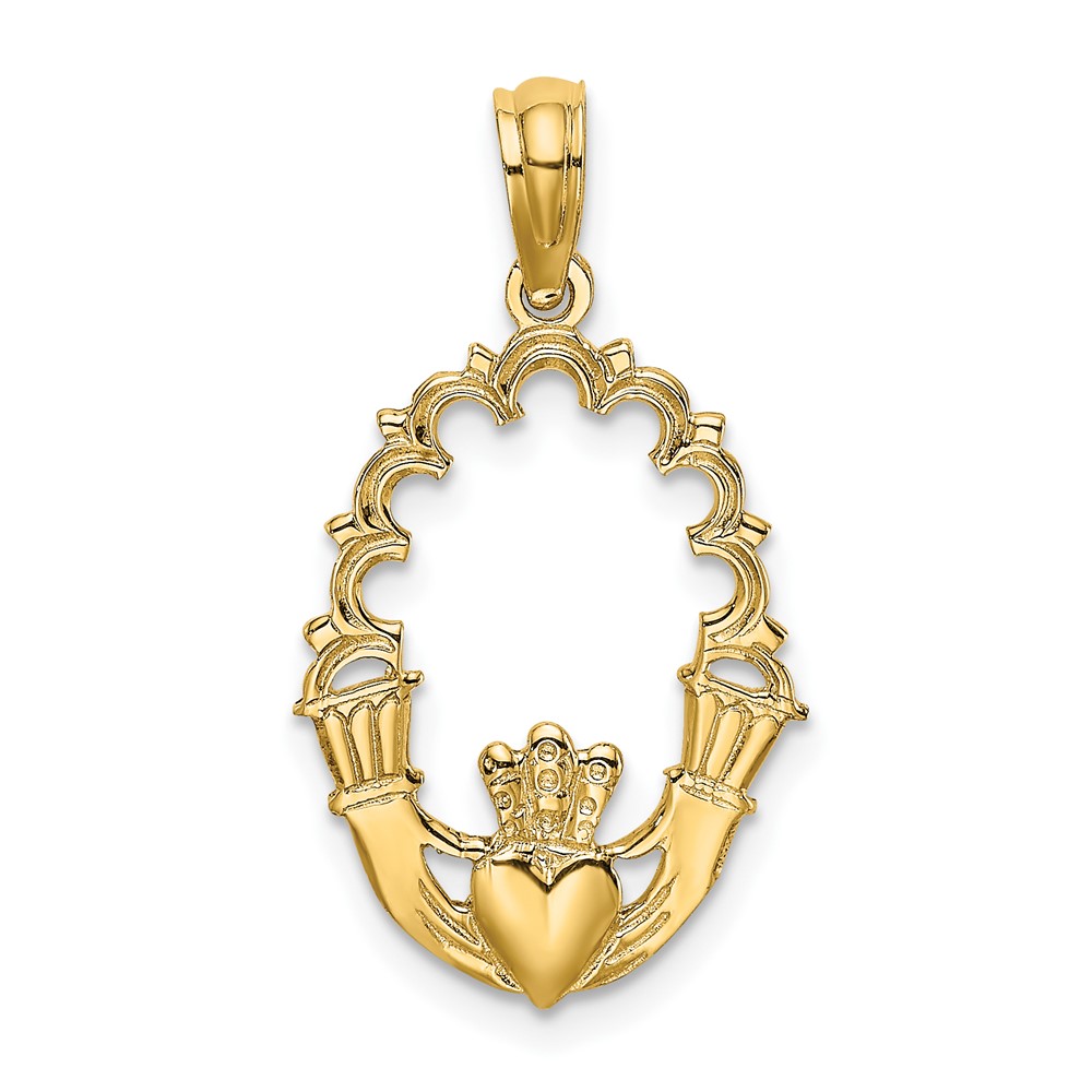 14K Engraved Claddagh In Oval w/ Lace Trim Charm (K7163)