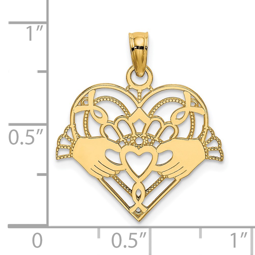 14K Polished and Beaded Claddagh In Heart Charm (K7191)