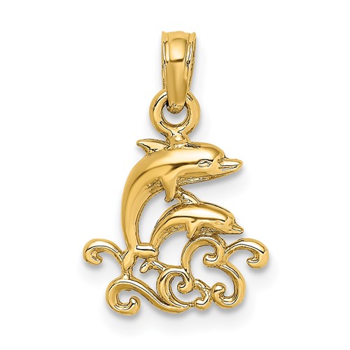 14K Textured Mini Double Dolphins and Waves Charm