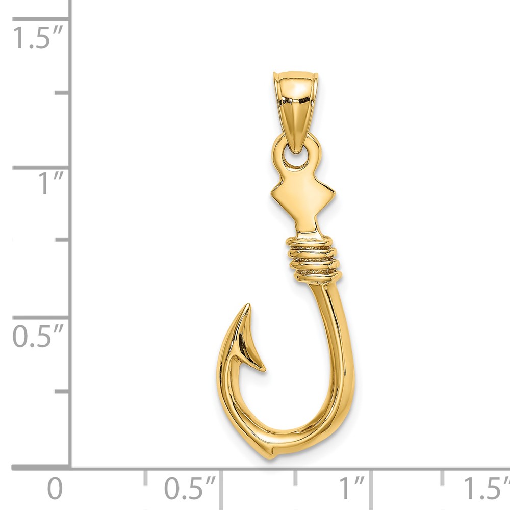 14K 3-D Large Fish Hook with Rope Charm (K7885)