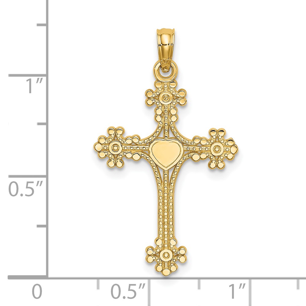 14K Beaded Tip Cross w/ Heart Center Charm (K8366)