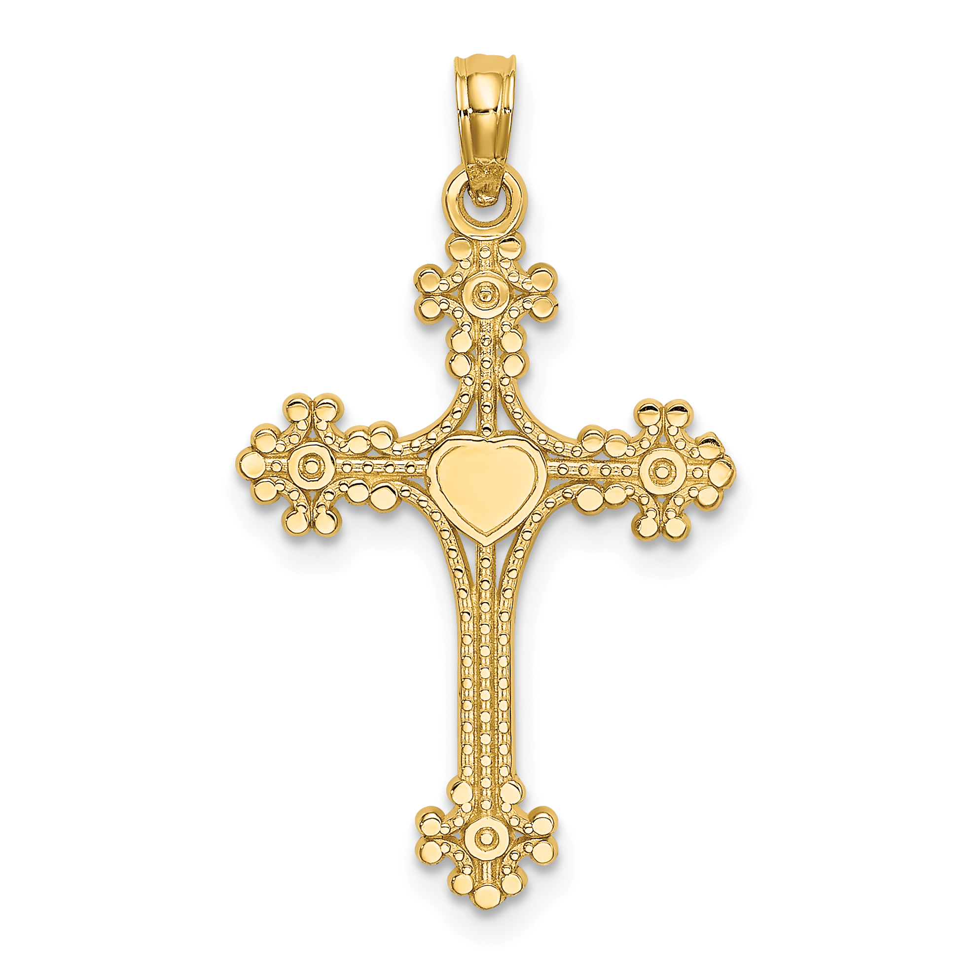 14K Beaded Tip Cross w/ Heart Center Charm (K8366)
