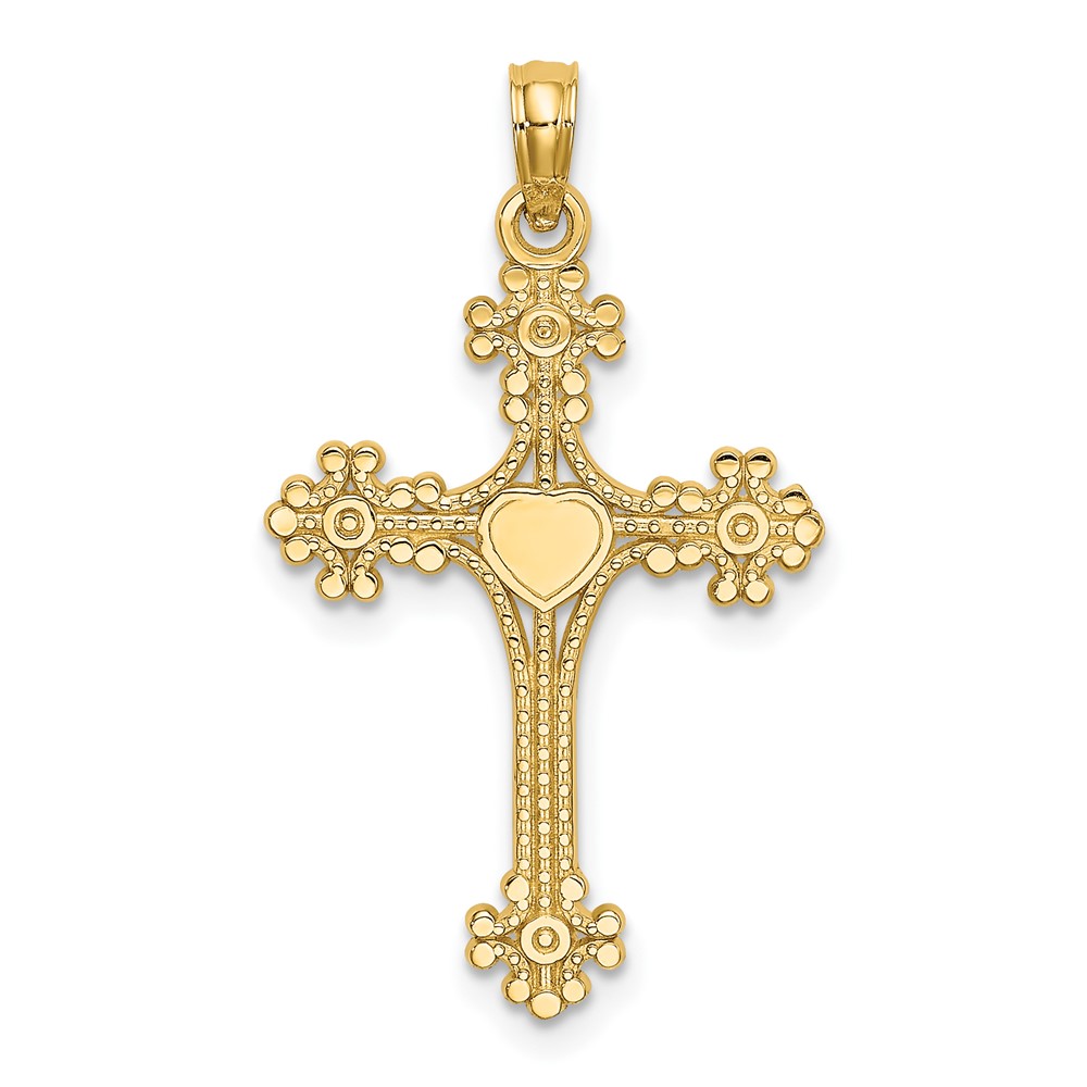 14K Beaded Tip Cross w/ Heart Center Charm (K8366)
