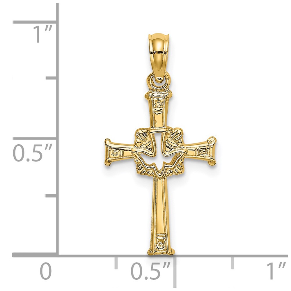 14K Polished and Engraved Cross and Dove Charm (K8368)