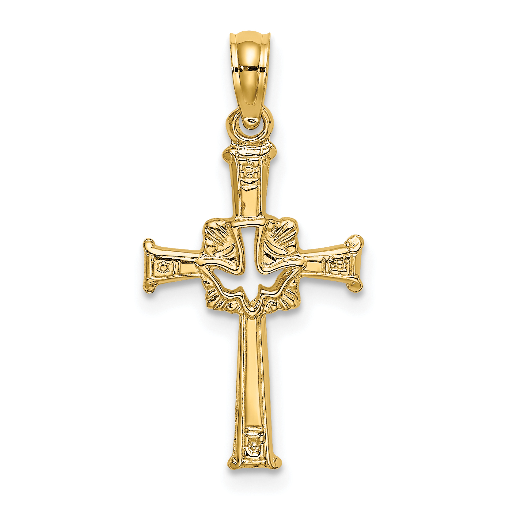 14K Polished and Engraved Cross and Dove Charm (K8368)