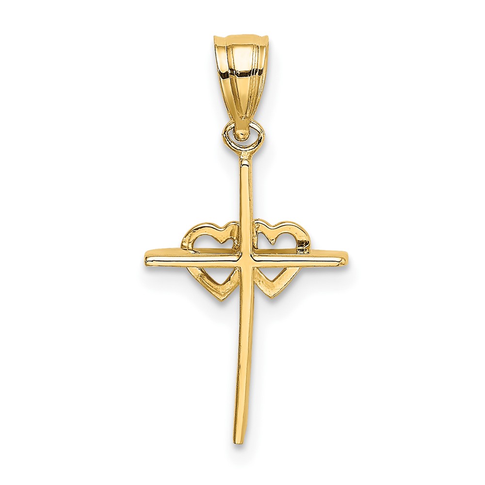 14K Polished Double Hearts On Stick Cross Charm (K8397)