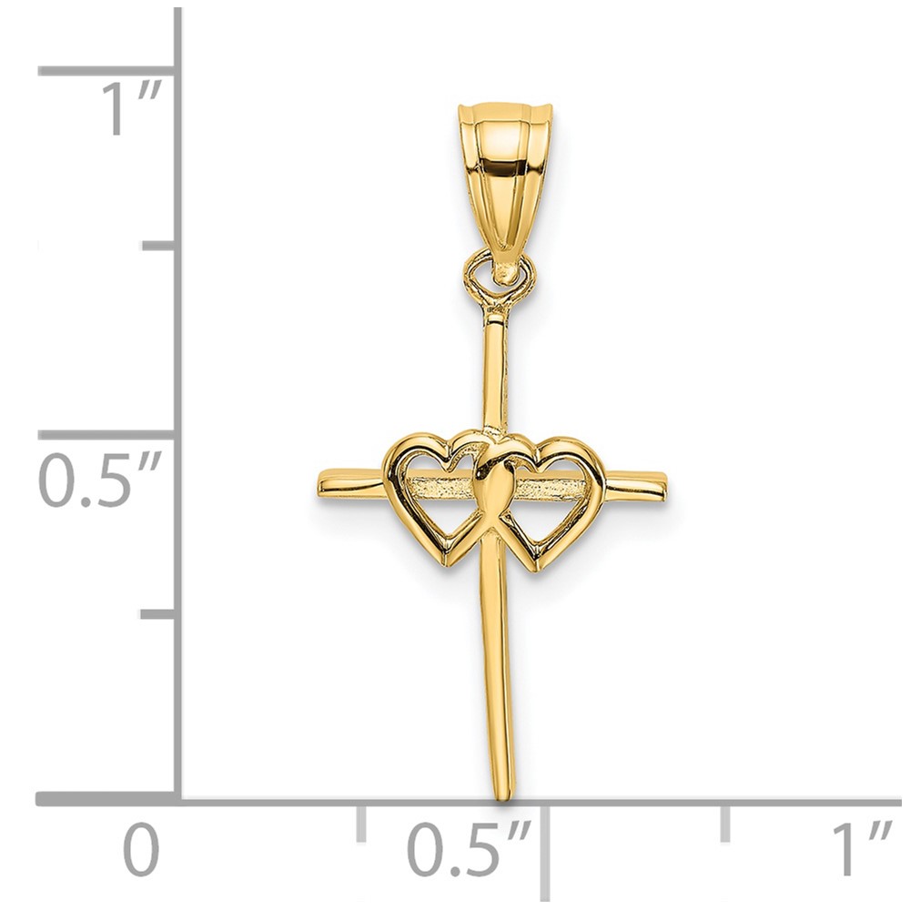 14K Polished Double Hearts On Stick Cross Charm (K8397)