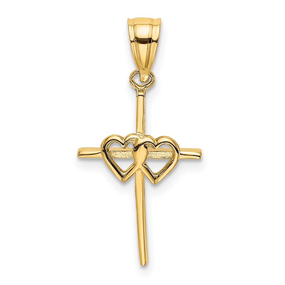 14K Polished Double Hearts On Stick Cross Charm (K8397)
