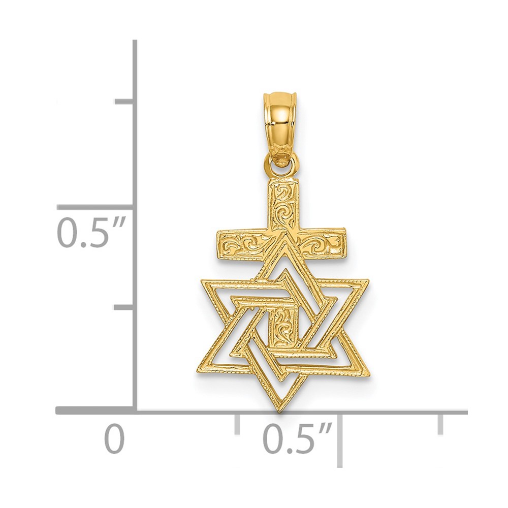 14K Polished / Engraved Star Of David and Cross Charm (K8412)