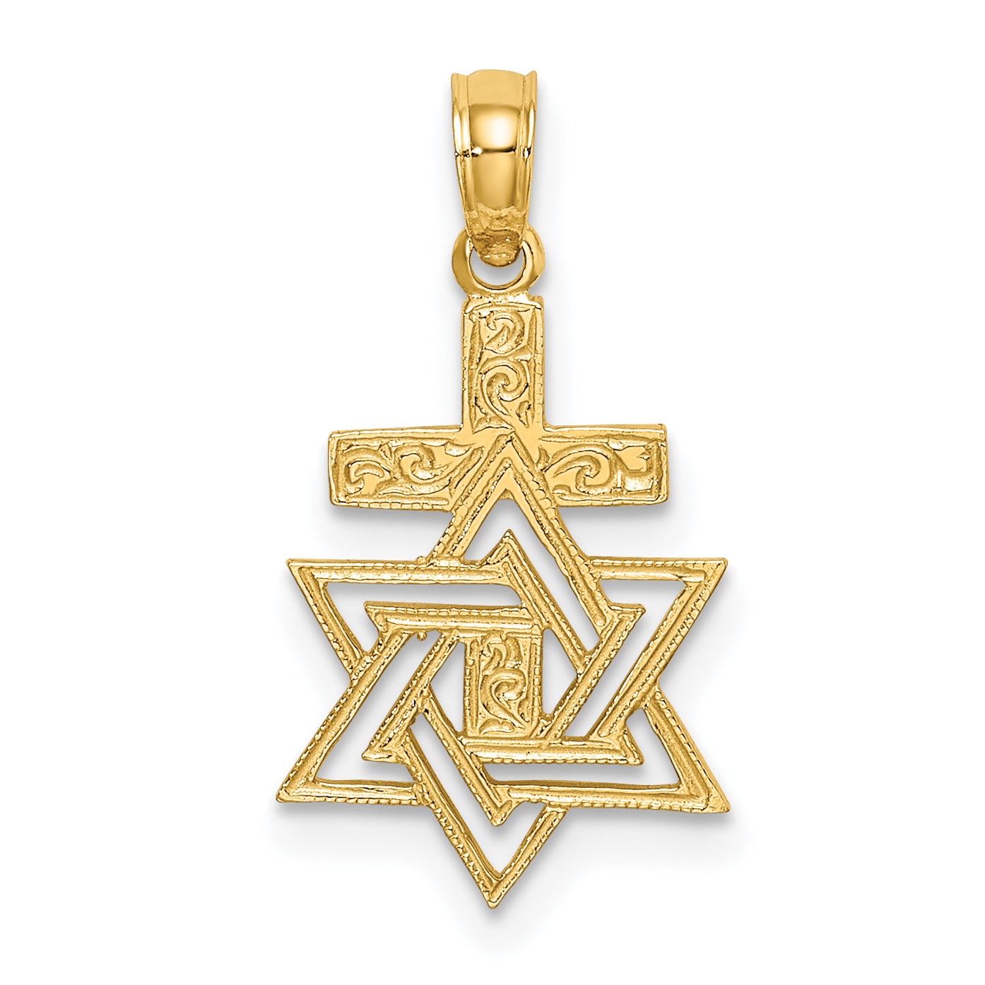 14K Polished / Engraved Star Of David and Cross Charm (K8412)