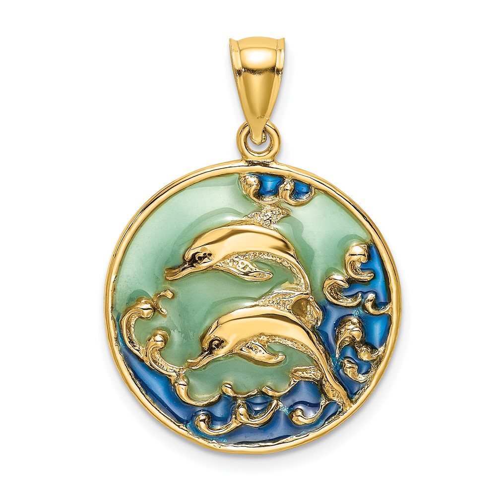 14K 2-D Dolphins w/Blue Enameled Charm (K8619)