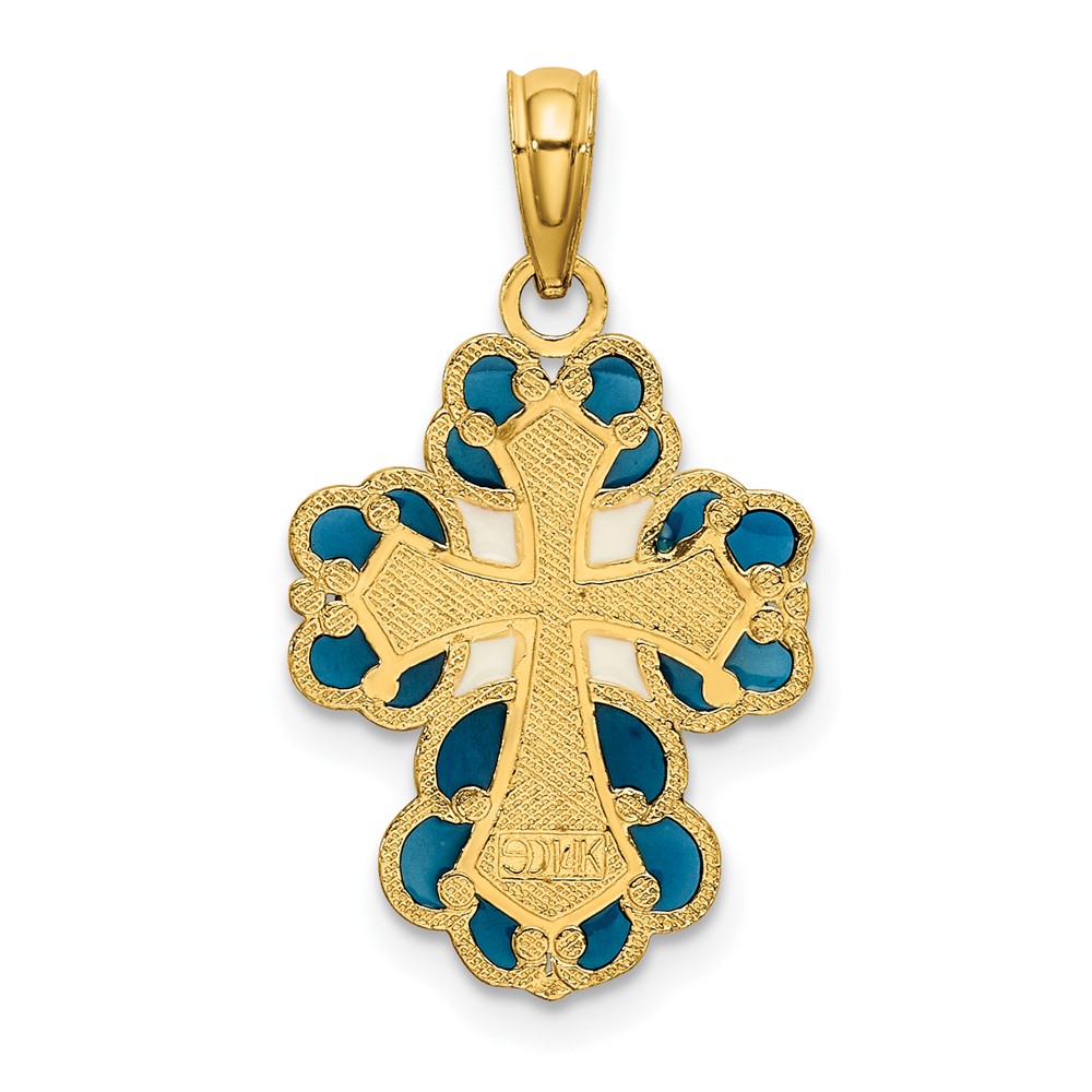 14K Blue, White and Red Enameled w/ Lace Trim Cross Charm (K8628)
