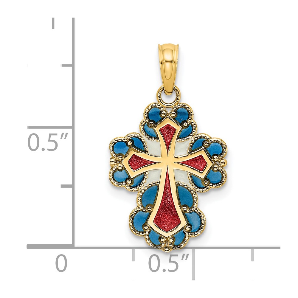 14K Blue, White and Red Enameled w/ Lace Trim Cross Charm (K8628)