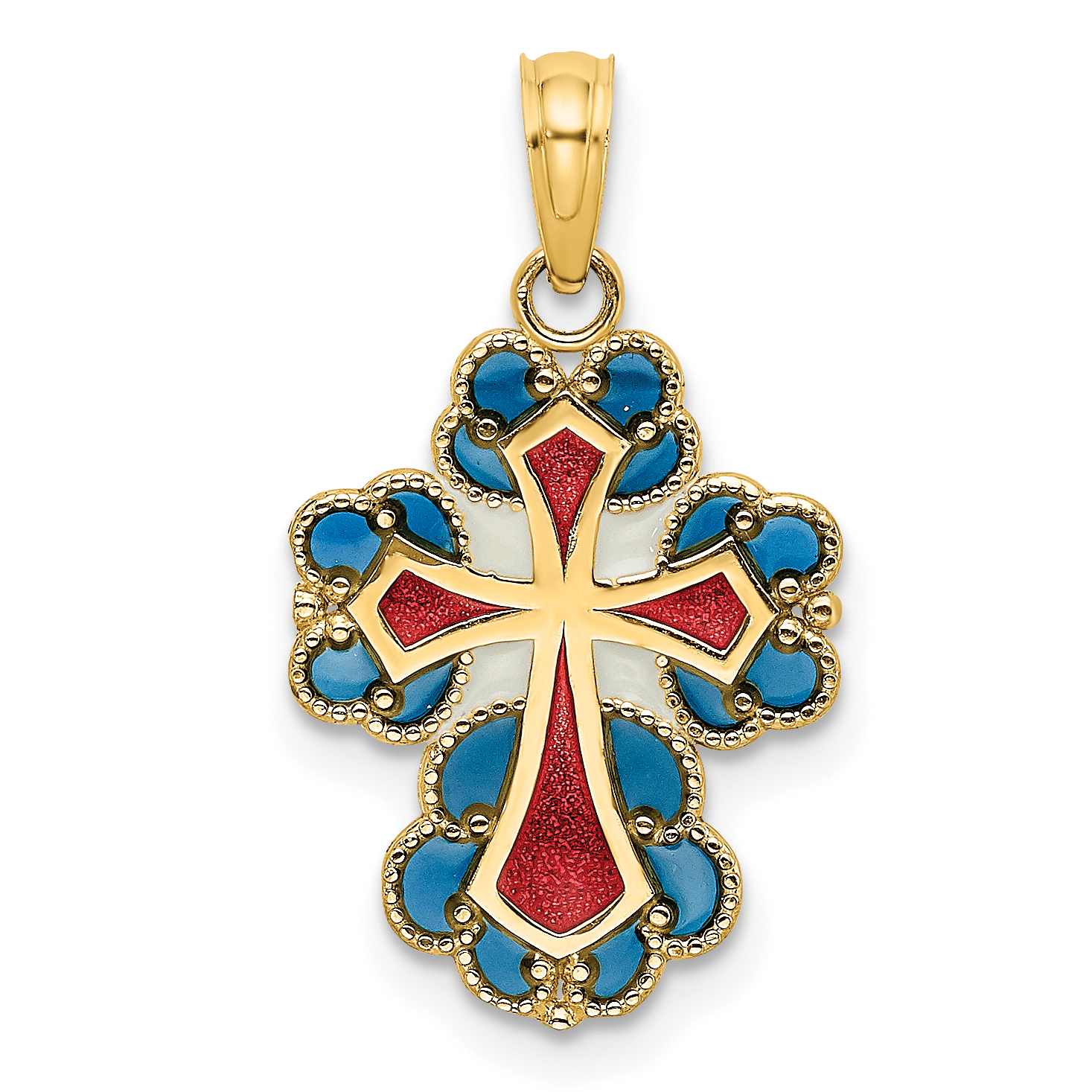 14K Blue, White and Red Enameled w/ Lace Trim Cross Charm (K8628)