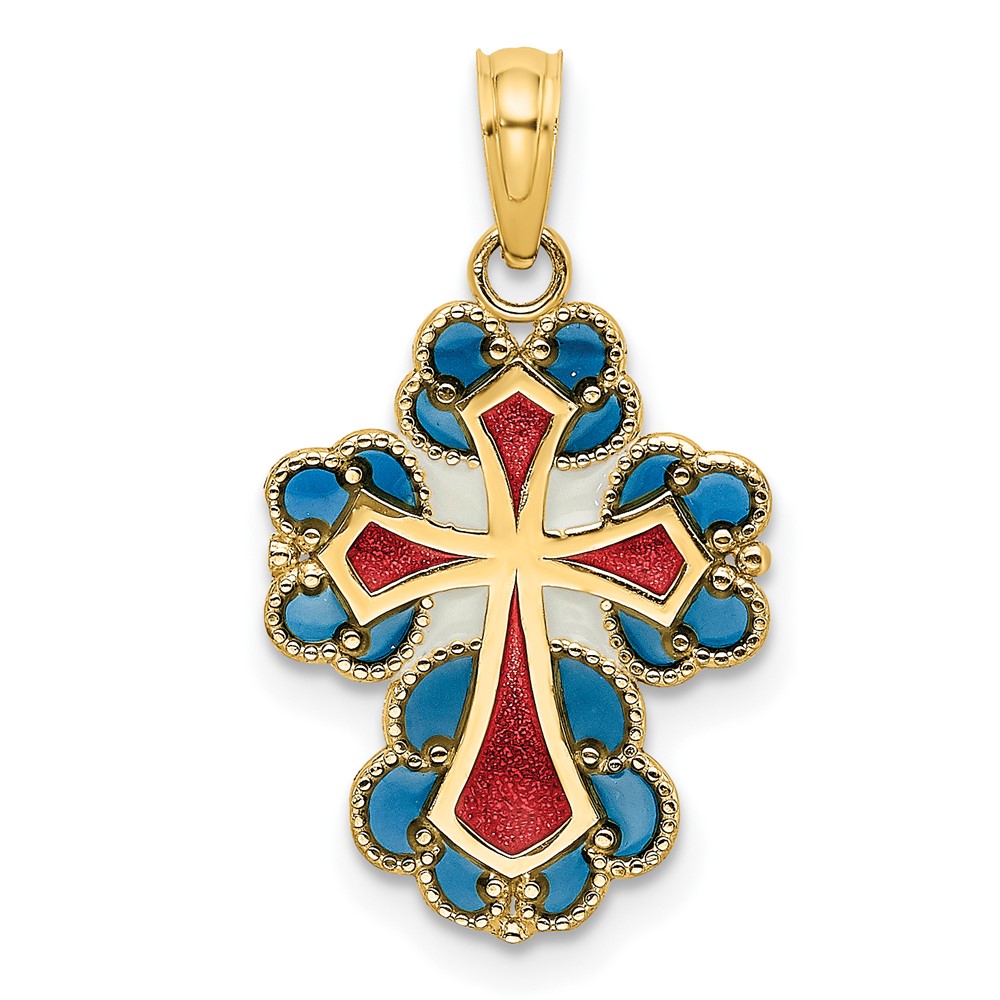 14K Blue, White and Red Enameled w/ Lace Trim Cross Charm (K8628)