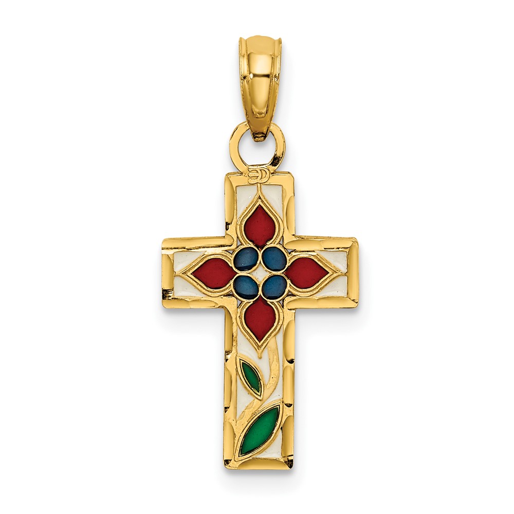 14K Enameled W/ Flower Cross Charm (K8629)