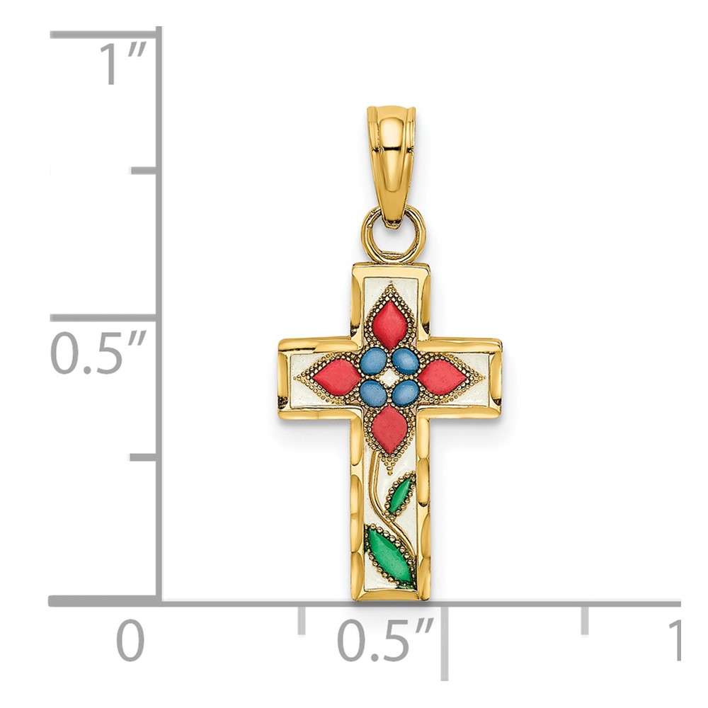 14K Enameled W/ Flower Cross Charm (K8629)