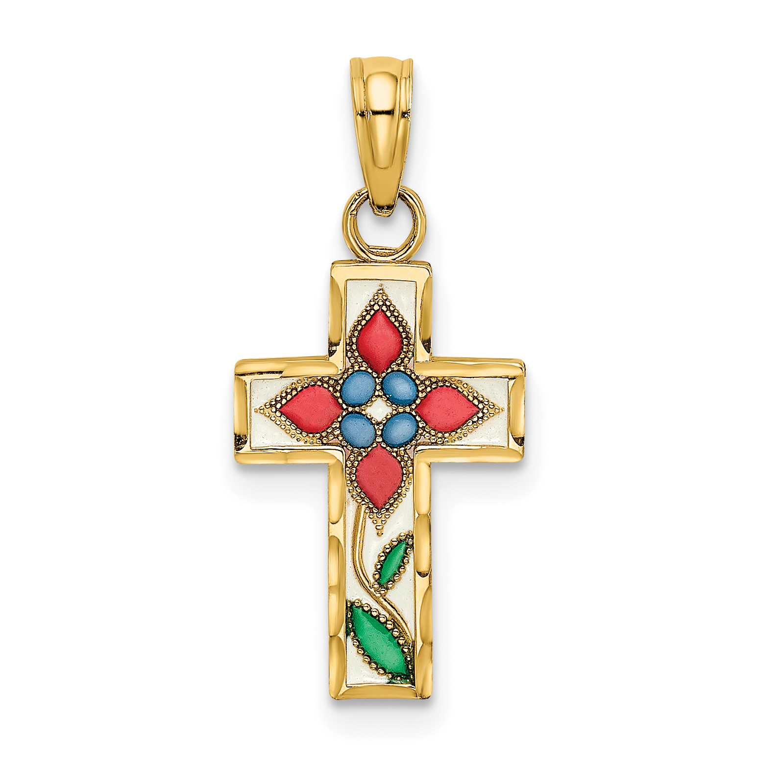14K Enameled W/ Flower Cross Charm (K8629)