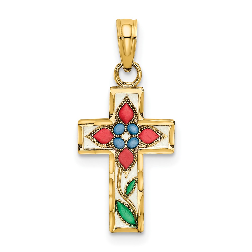 14K Enameled W/ Flower Cross Charm (K8629)