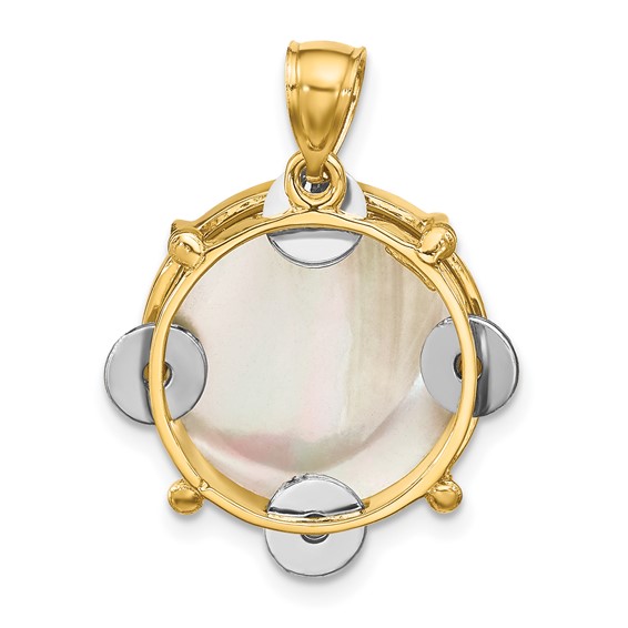 14K Two-tone 3-D Tambourine with Moveable Jingles Mother of Pearl Charm