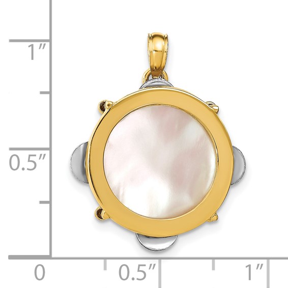 14K Two-tone 3-D Tambourine with Moveable Jingles Mother of Pearl Charm