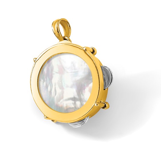 14K Two-tone 3-D Tambourine with Moveable Jingles Mother of Pearl Charm