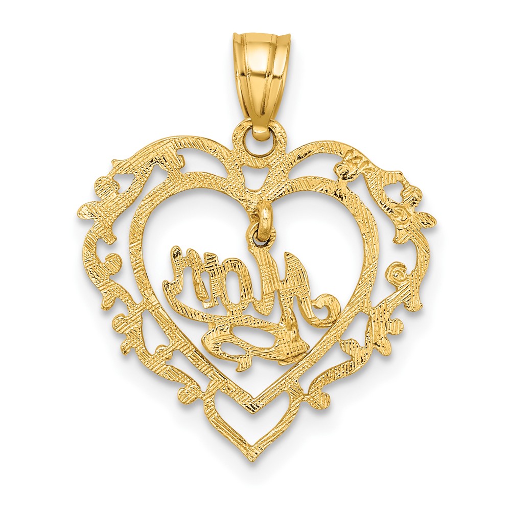 14K Polished MOM Dangle in Fancy Heart Pendant (K8855)