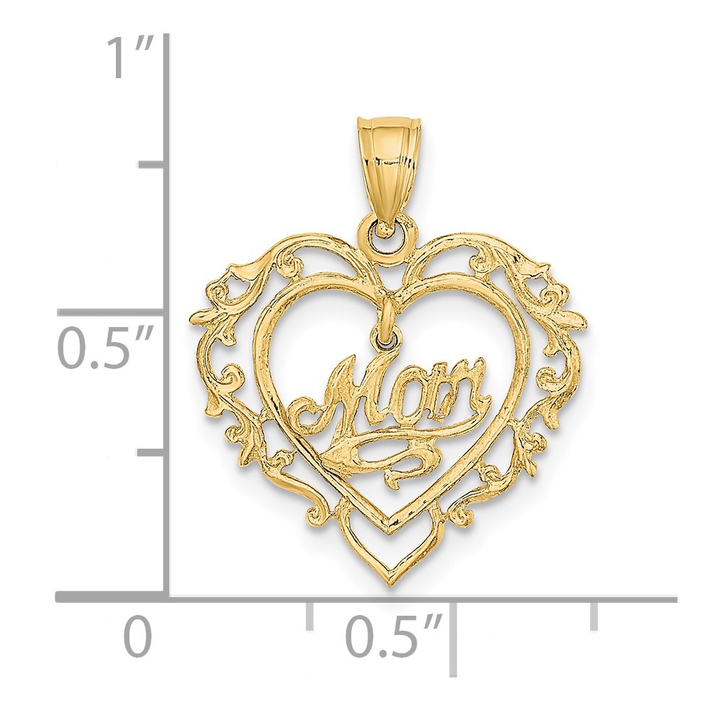 14K Polished MOM Dangle in Fancy Heart Pendant (K8855)