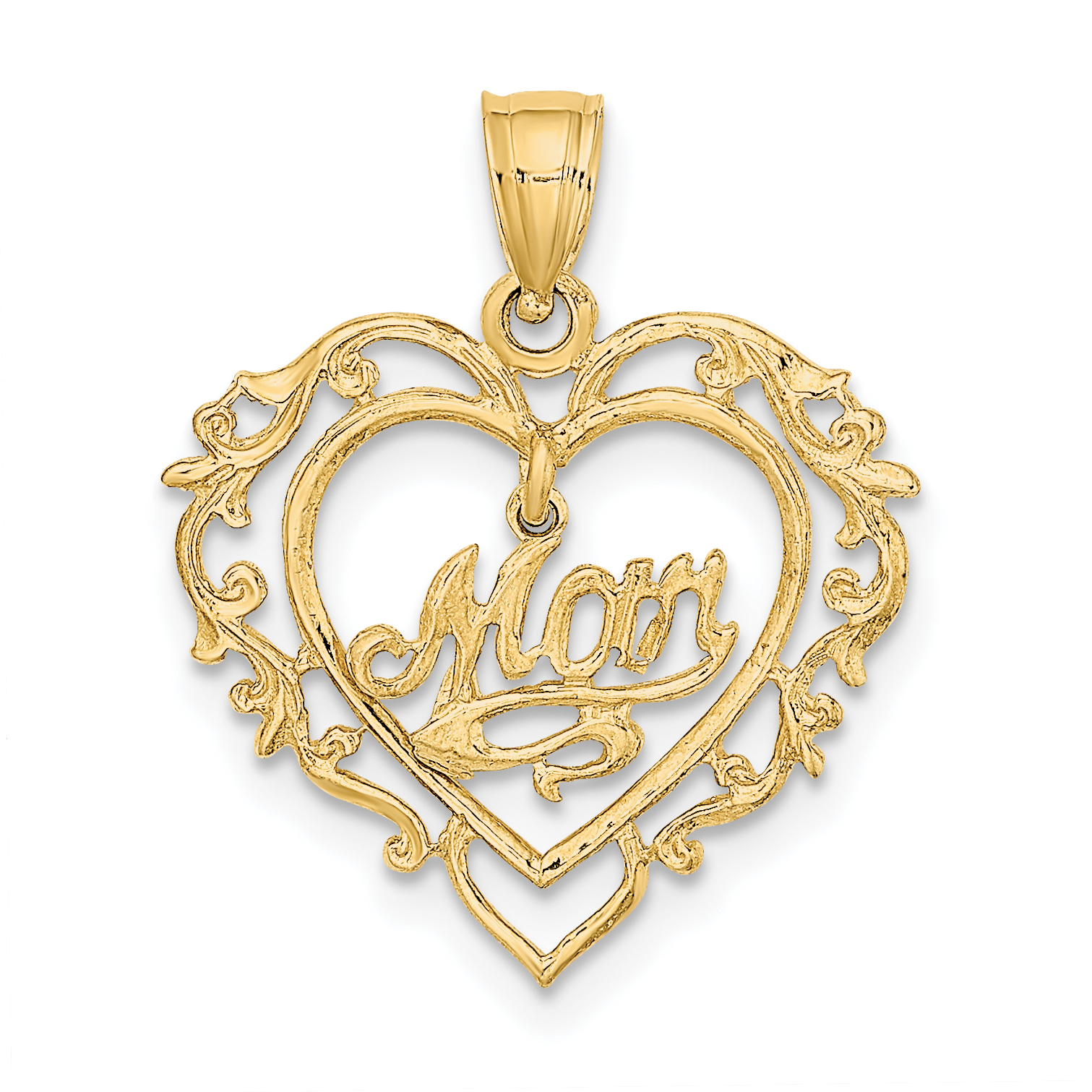 14K Polished MOM Dangle in Fancy Heart Pendant (K8855)