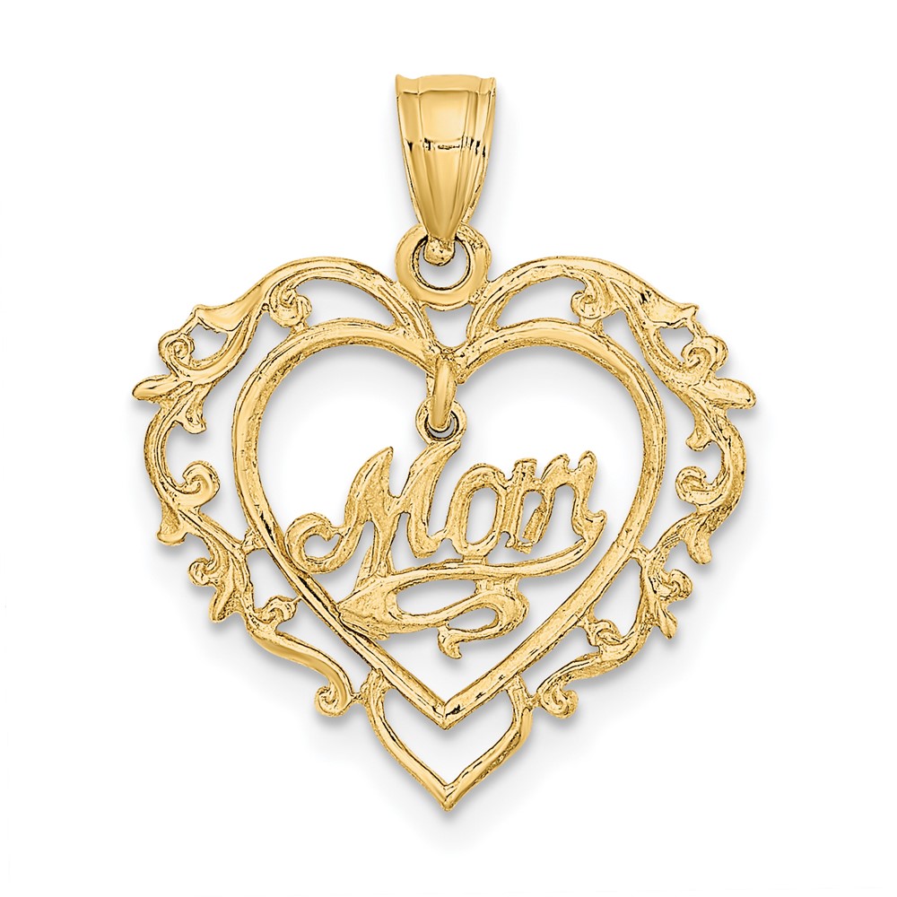 14K Polished MOM Dangle in Fancy Heart Pendant (K8855)
