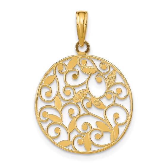 14K and White Rhodium Diamond-cut Filigree Round Charm