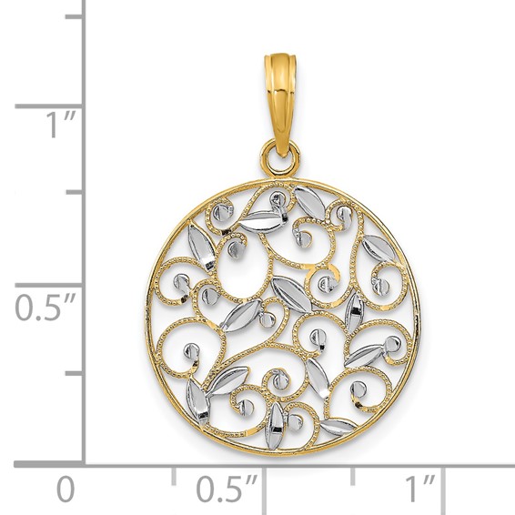 14K and White Rhodium Diamond-cut Filigree Round Charm