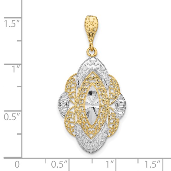 14k and White Rhodium Diamond-cut Filigree Oval Charm