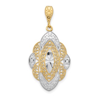 14k and White Rhodium Diamond-cut Filigree Oval Charm