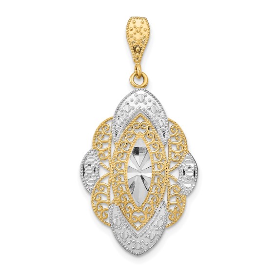 14k and White Rhodium Diamond-cut Filigree Oval Charm