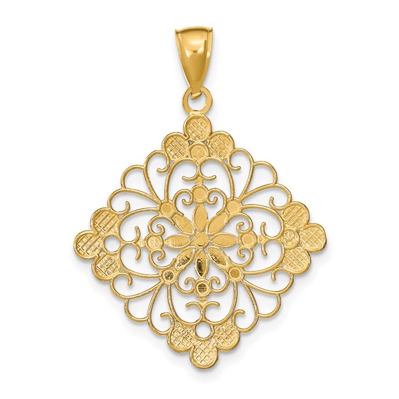 14K and White Rhodium Diamond-cut Filigree Medallion Charm