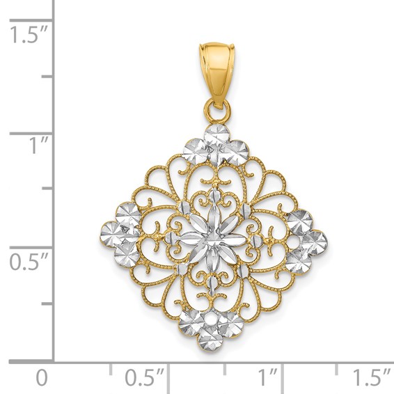 14K and White Rhodium Diamond-cut Filigree Medallion Charm