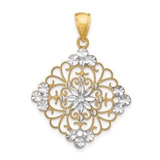 14K and White Rhodium Diamond-cut Filigree Medallion Charm
