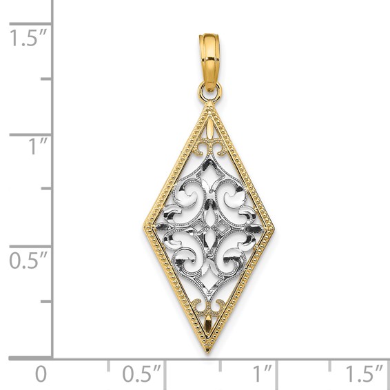 14k and White Rhodium Diamond-Shape Cut-Out Filigree Charm