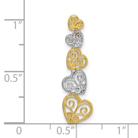 14K Two-tone Polished Filigree Vertical Hearts Chain Slide