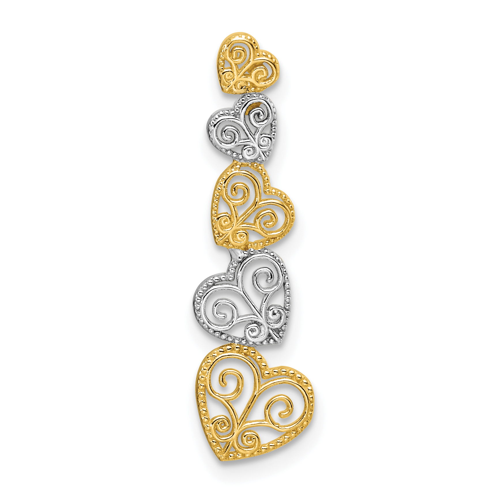 14K Two-tone Polished Filigree Vertical Hearts Chain Slide (K9383)