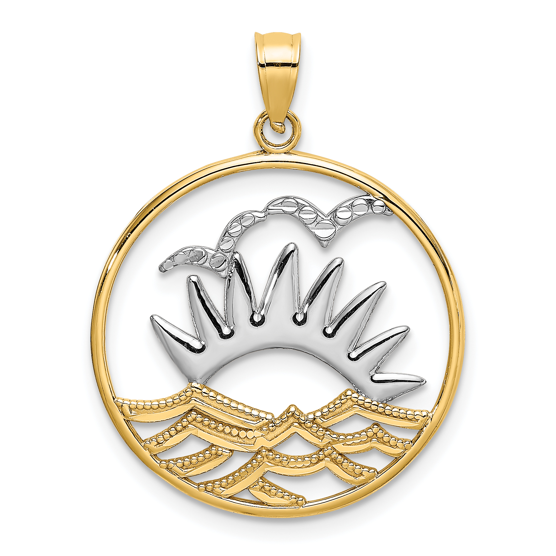 14K /Rhodium Sunsetand Water In CircleCharm (K9457)