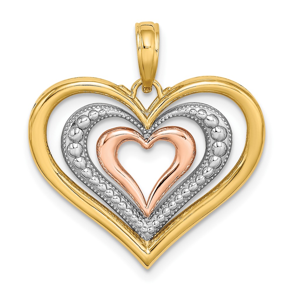14K Two-tone Charm with White Rhodium Textured and Polished Triple Hearts