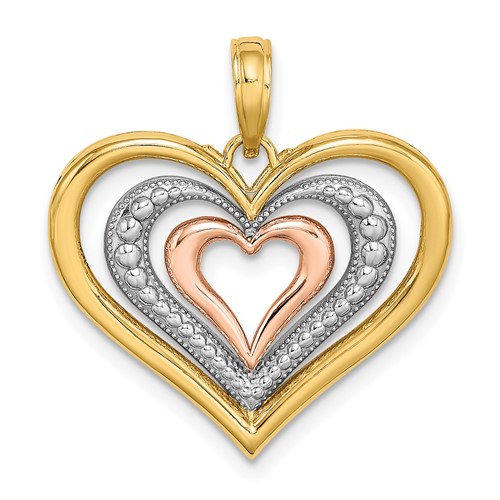 14K Two-tone Charm with White Rhodium Textured and Polished Triple Hearts