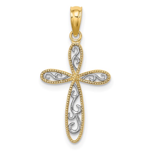 14K and White Rhodium Filigree and Milgrain Edge Cross Charm