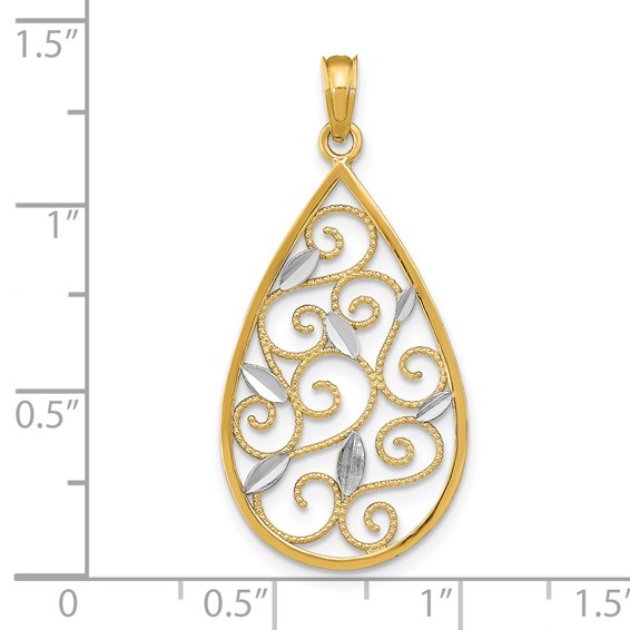 14k and White Rhodium Beaded Filigree Diamond-cut Teardrop Charm