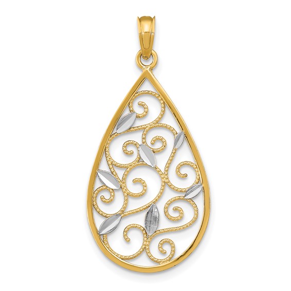 14k and White Rhodium Beaded Filigree Diamond-cut Teardrop Charm