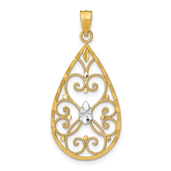 14k and White Rhodium Heart Beaded Filigree Diamond-cut Teardrop Charm