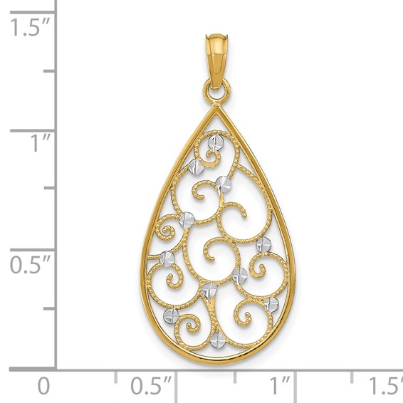 14k and White Rhodium Beaded Filigree Diamond-cut Teardrop Charm