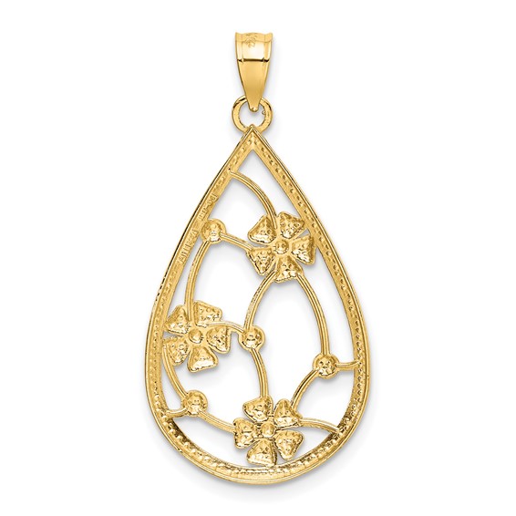 14k and White Rhodium Flowers In Teardrop Frame Charm